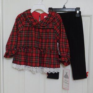NWT 2pc Rare Editions Red Plaid Crochet Trim Top & Leggings Set sz 24 Months